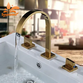 

Suguword 3 Holes Basin Faucet Hot and Cold Switch Mixer Tap Dual Handle Ceramic Spool Concise Type Bathroom Faucet