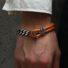 Мужской кожаный браслет, черный CZ Шарм, нержавеющая сталь, кубинская цепочка, браслет, модные мужские ювелирные изделия, подарки для мужчин, 20 см DLB65