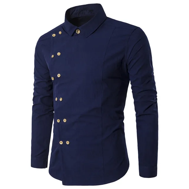 Elegant Dark Blue Shirt Gentleman Double Ted Dinner Wear Elegant Dark Blue Shirt Gentleman Double Ted Dinner Wear Clothes Male Blouse 2018 Tide Party Blusa