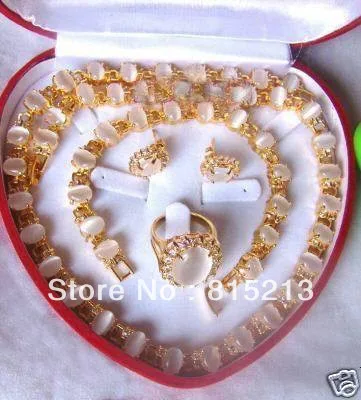 

ddh081 charming 6*8mm white opal stone 18KGP necklace bracelet earring ring set
