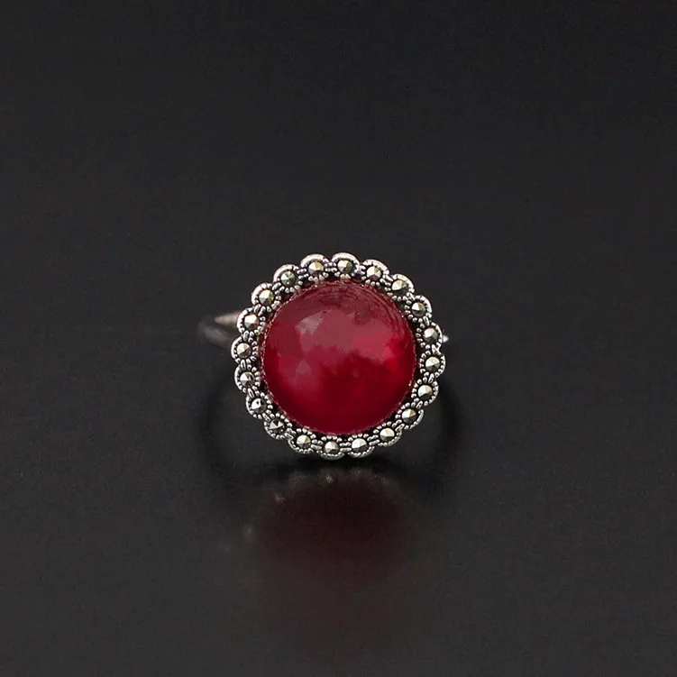 

S925 Silver Ring Women's Chrysanthemum Inlaid Marquises Red Corundum