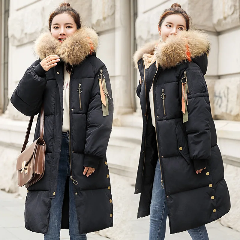 2018 New Women Winter Cotton Coat Long Length Loose Thick Warm Outer Large Fur Collar Hooded OUTERWEAR Fashion Jacket Tq57 Coats