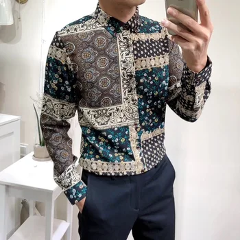 

Texture Printing Self-cultivation Long Sleeve Shirt Temperament Four Seasons Social Shirts Turndown Collar Camisas Para Hombre