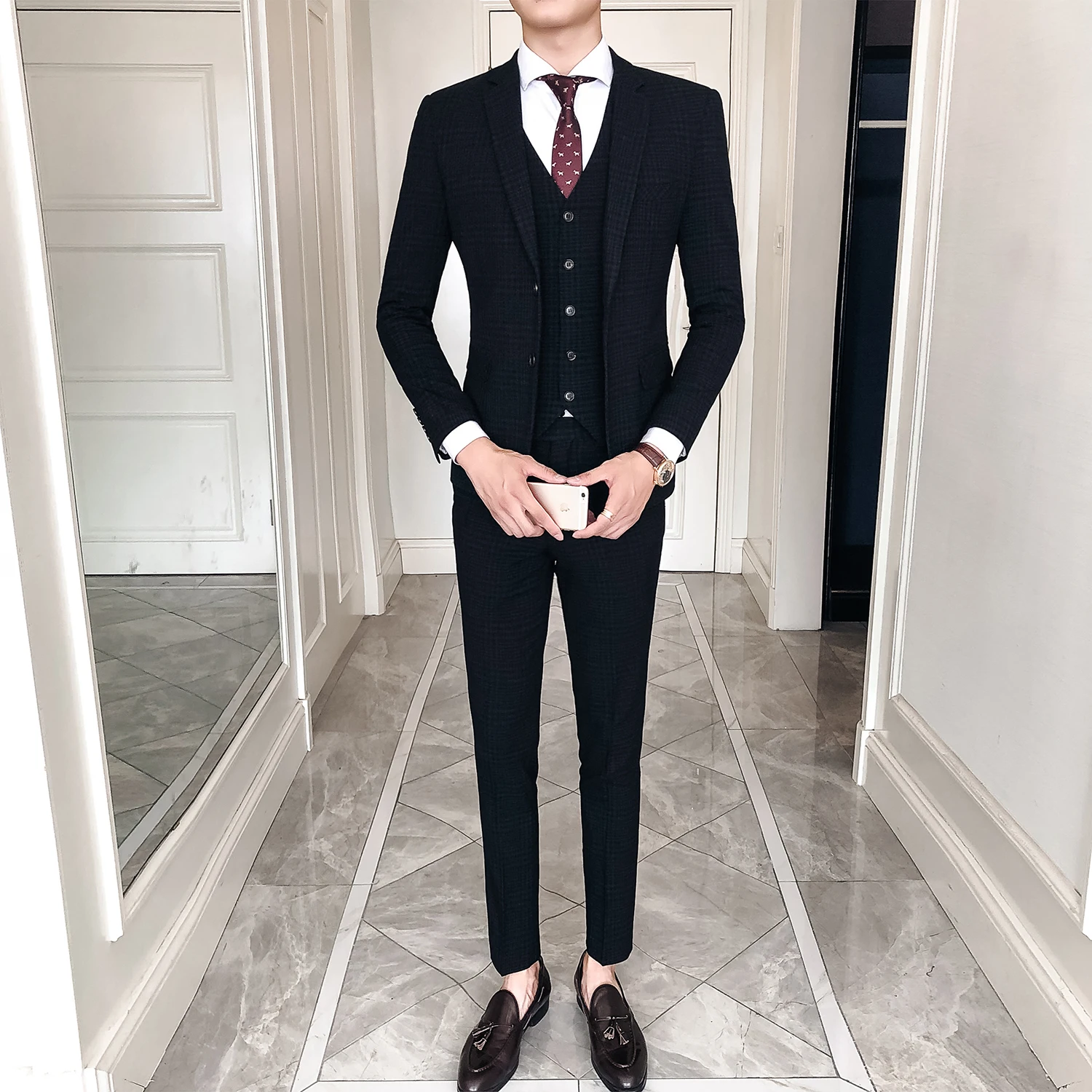 2019 Newest Gentleman Two Buckle Classic Dark Character Elastic Fabric Slimming Suit Set