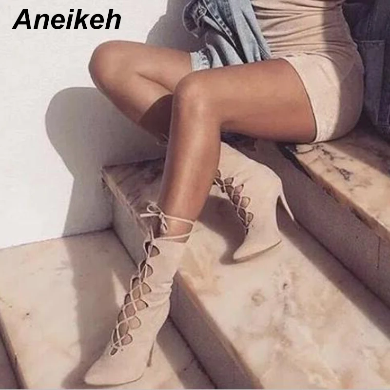 

Aneikeh Ladies Boots Thin Heels High Heels Ankle Boots Women Beige Cross-tied Short Boots 2018 Spring Women Pump Size 40 Black