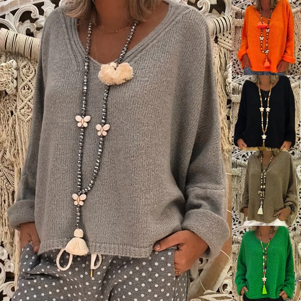 

winter woman sweater Turtleneck Hiver Truien knitting pullovers Casual Loose fashion ladies V Neck Solid Color Knitted Tops 2019