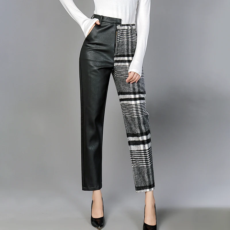 

MIAOQING PU Leather Trousers For Women High Waist Hit Colors Asymmetrical Patchwork Ankle Length Wool Pants Female 2019 Spring