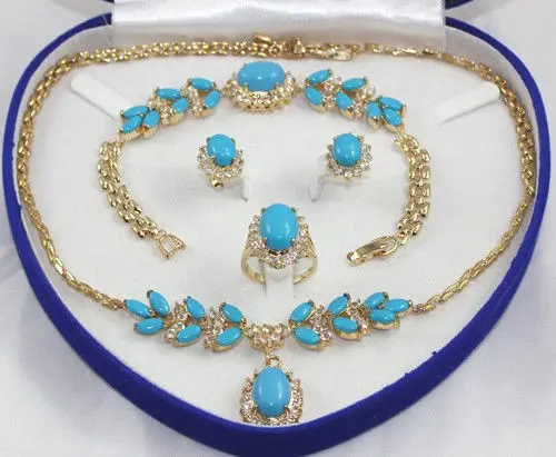

***** Yellow Gold GP Inlay Turquoise Necklace Bracelet Earring Ring A+ No box