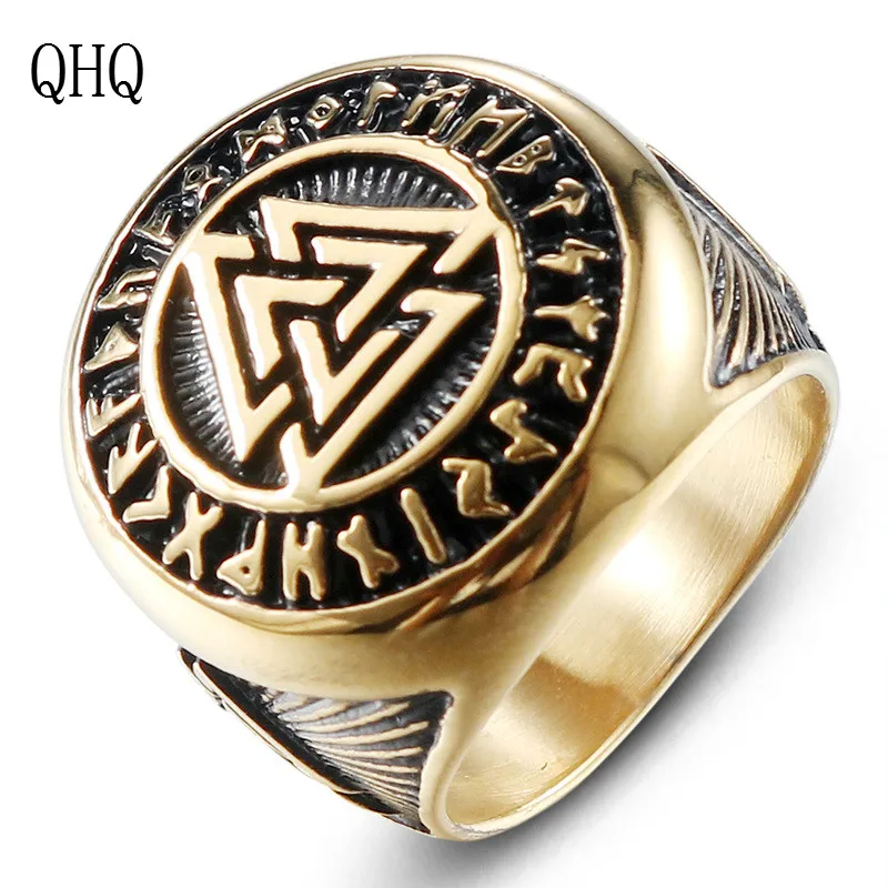 

QHQ ring punk 100% Titanium steel geometric retro men knot Viking Nordic triangle symbol valknut jewelry accessories