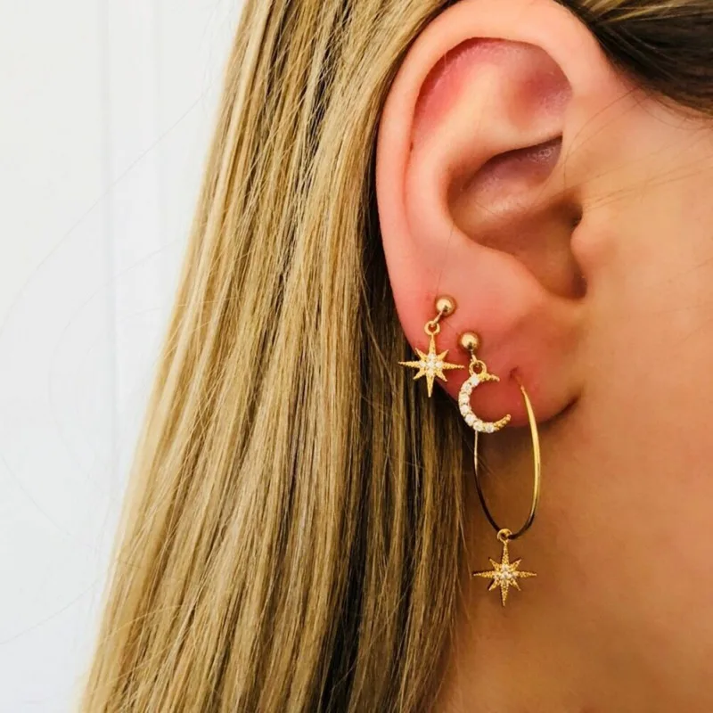 

4pcs / set Moon stars rhinestone earrings Set for women antique gold earring jewelry accessories Trendy Woman Earrings