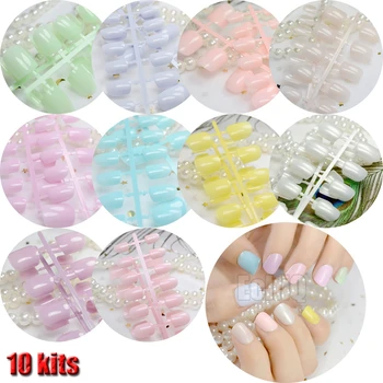 

Fashion Carnival Candy Fake Nails Light Color Pink Purple Blue Acrylic Press on Nails 10 kits/lot Nail Art Wholesale