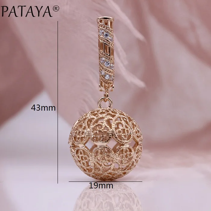 PATAYA, новые длинные серьги с большим узором, 585 розовое золото, женские модные ювелирные изделия, белый натуральный циркон, резные уникальные серьги-капли