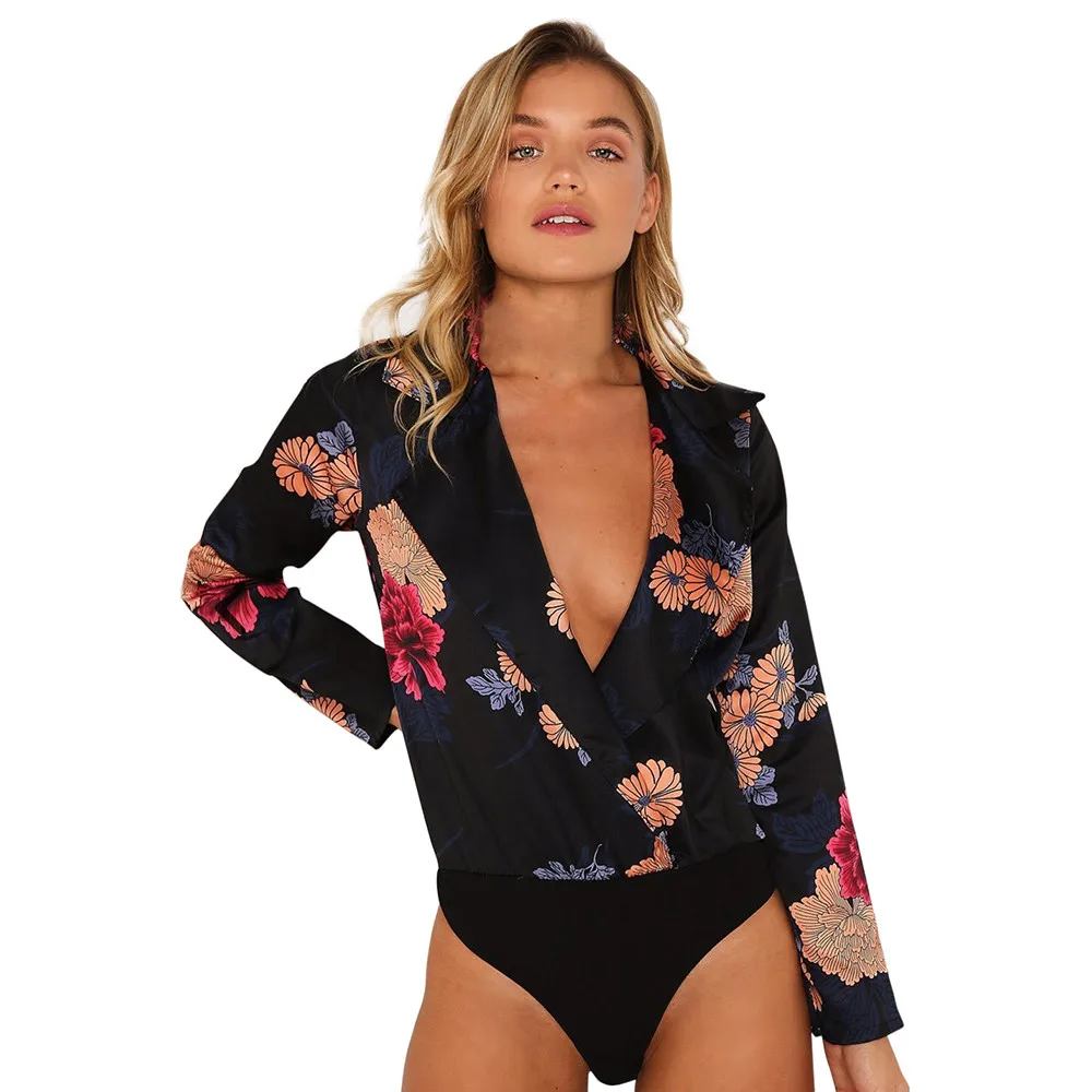 

Free Ostrich Fashion Women Ladies Spring Summer Deep V Floral Print Tuxedo Wrap Over Satin Bodysuit Jumpsuit For Women D1235