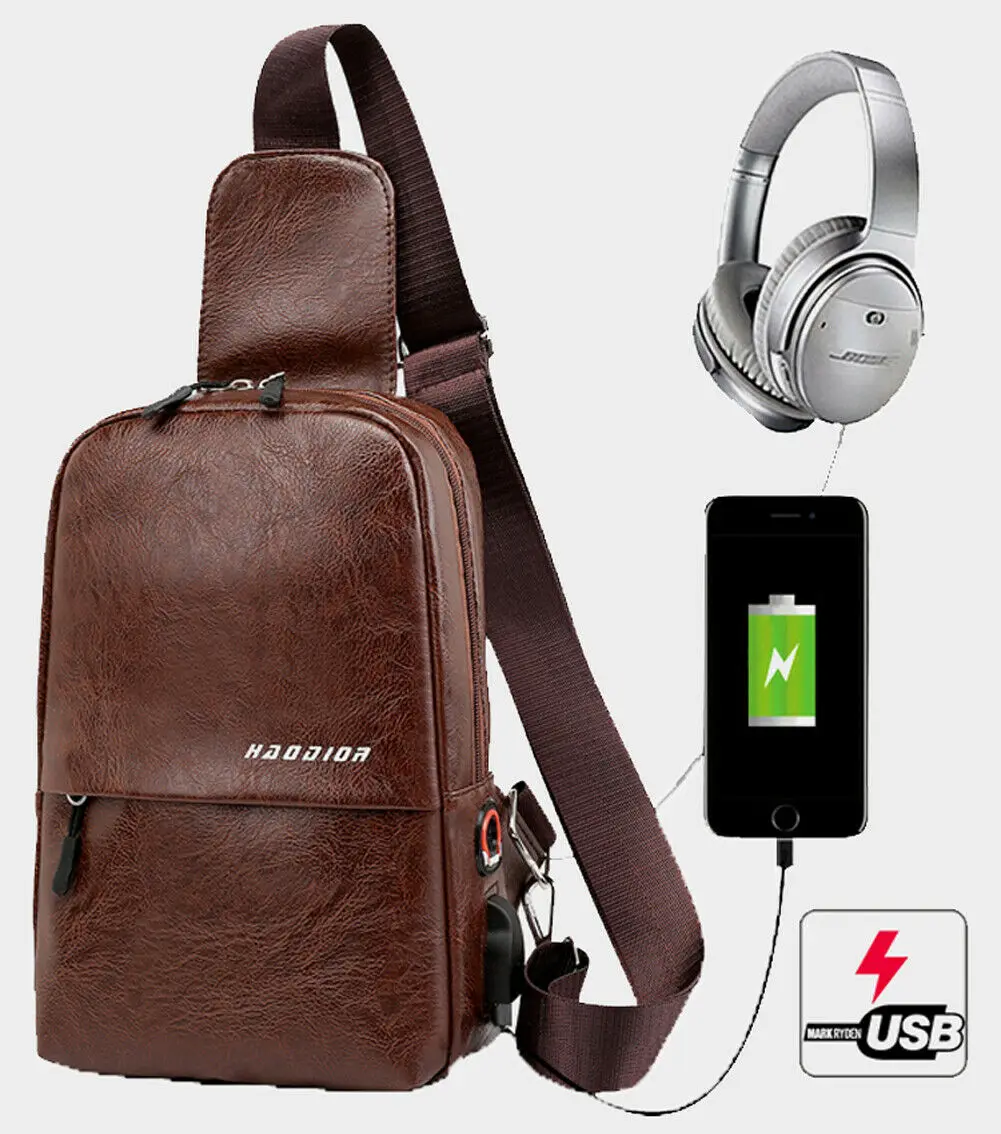 

2019 Newest Hot Men Men Chest Pack PU Leather Business Shoulder Bag Chest Sling Bag Travel Pack USB Charging Waist Packs