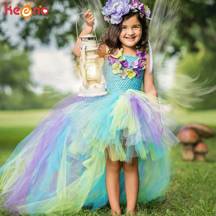 Платье-пачка принцессы с длинным хвостом для девочек, платье-пачка, водное кольцо волшебный цветок, детское праздничное платье для торжеств, дня рождения, танцев, детское платье с павлином
