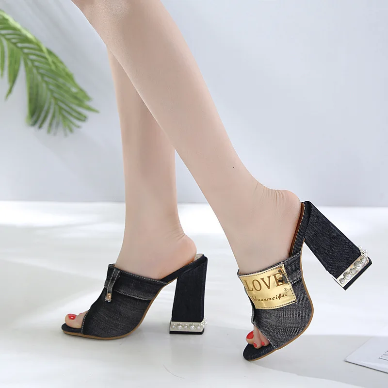 

Trending Navy Denim Mule Heels Open Toe Stiletto HeelsSize 34-40 Women Shoes Generous Noble Incomparable Black Friday 4629