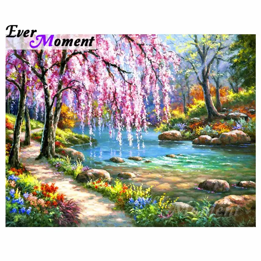 

Ever Moment Diamond Painting Scenery Trees River Pink Flowers Nature 5D DIY Picture Mosaic Diamond Embroidery Full Square S2F235