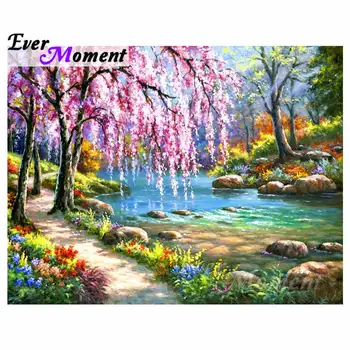 

Ever Moment Diamond Painting Scenery Trees River Pink Flowers Nature 5D DIY Picture Mosaic Diamond Embroidery Full Square S2F235
