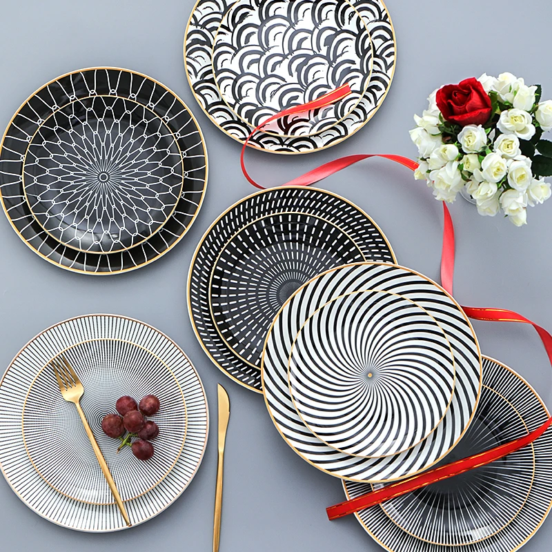

Creative 6inch 8 and 10.5 inch geometric pattern Dinner Plate set Porcelain Dessert Snack Cake Dishes for Kitchen Decor Gift