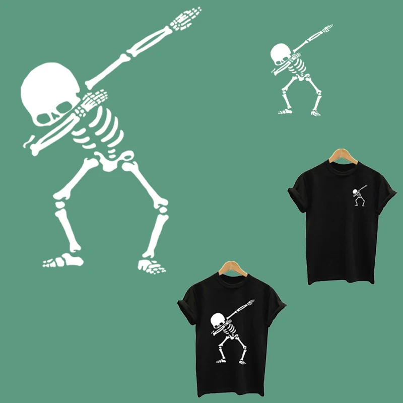 

Dabbing skull iron on patches thermo stickers on clothes stripes transfer fusible clothing application of one heat transfer tops