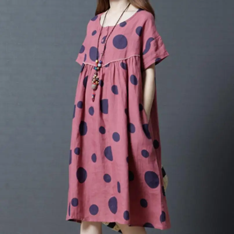 

KANCOOLD Dress Large Size Women fashion Casual Loose Polka Dot Print Dress O-Neck Long Cotton Linen Dress women 2018AUG8