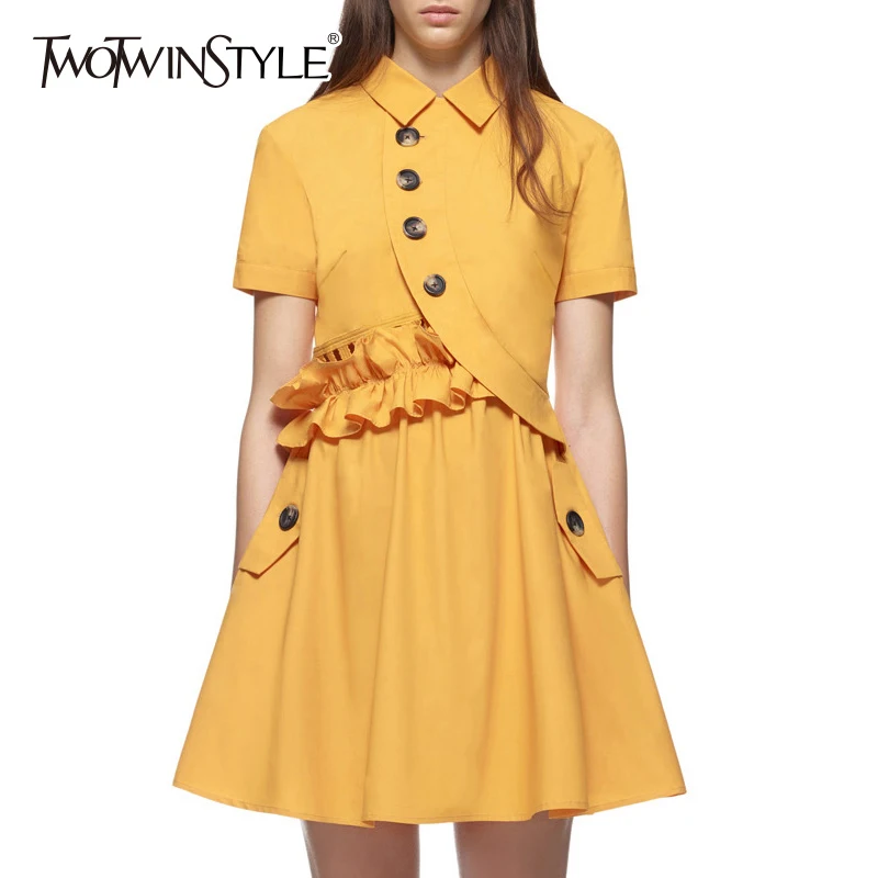 

TWOTWINSTYLE Yellow Ruffles Dress Female Lapel Collar Short Sleeve Patchwork High Waist Draped A Line Mini Dresses Fashion 2019