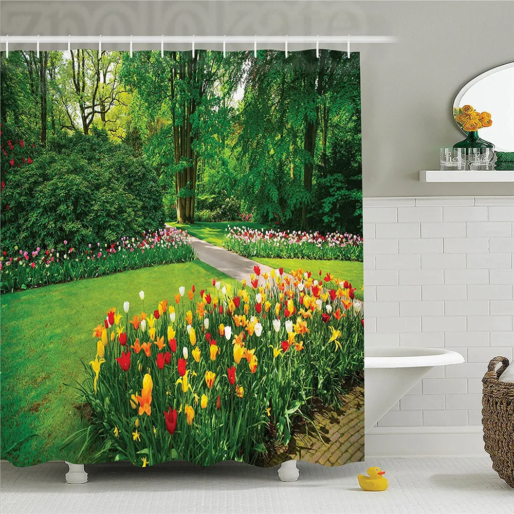 

Country Home Decor Shower Curtain Set Garden with Tulip Flowers and Trees Springtime in KeukenhofNetherlands Europe Bathroom Acc
