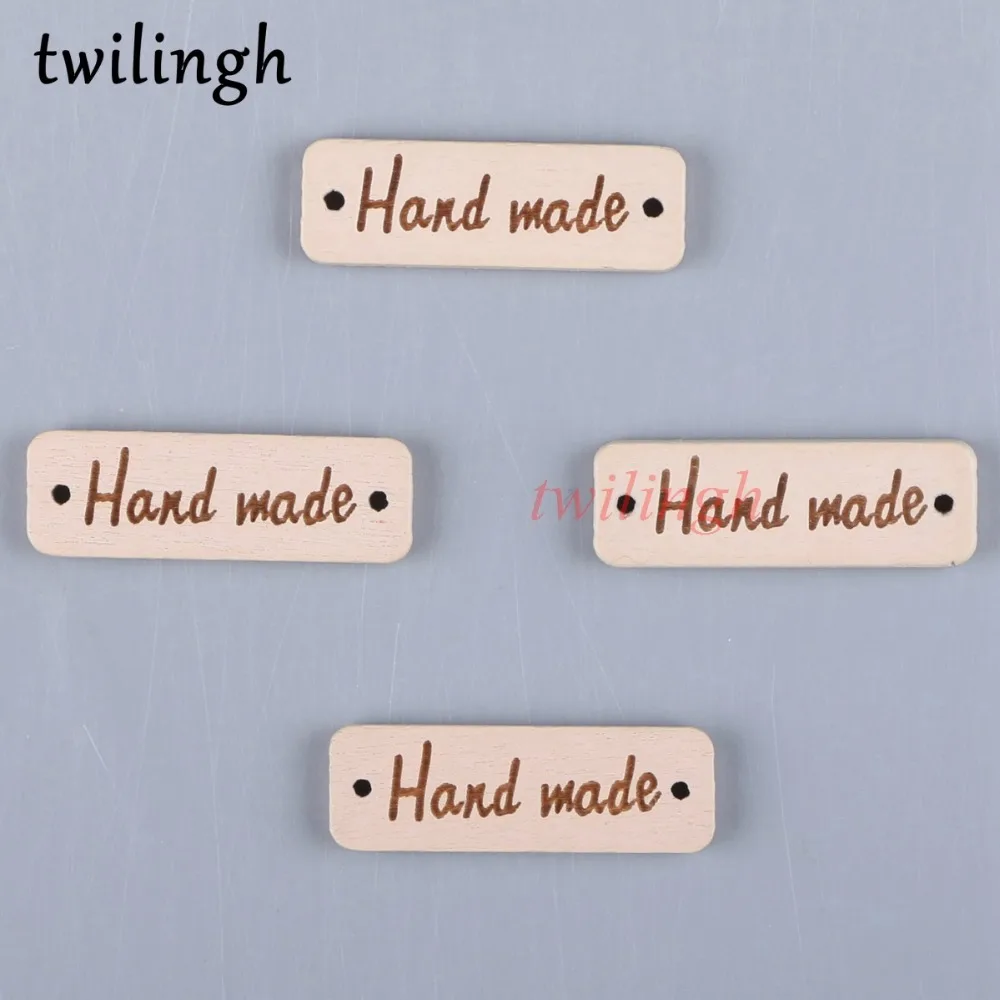

twilingh 50Pcs Handmade Letter Rectangle Carved 2 Holes Wooden Buttons Shaped "Handmade" Natural Color Button