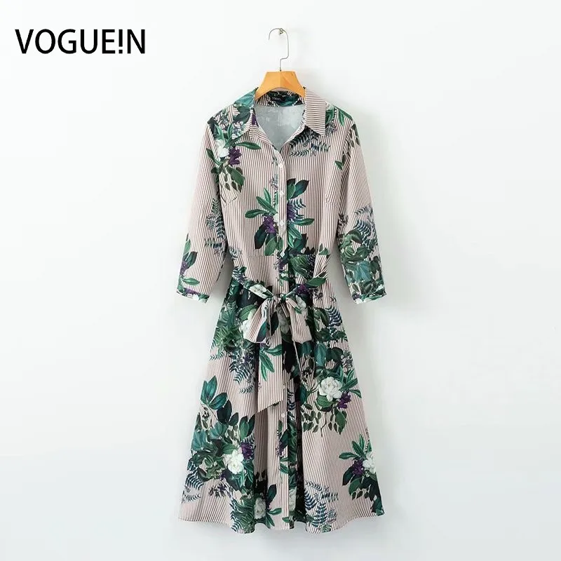 

VOGUEIN New Womens Floral Striped Print 3/4 Sleeve Belt Button Down Shirt Dress Wholesale
