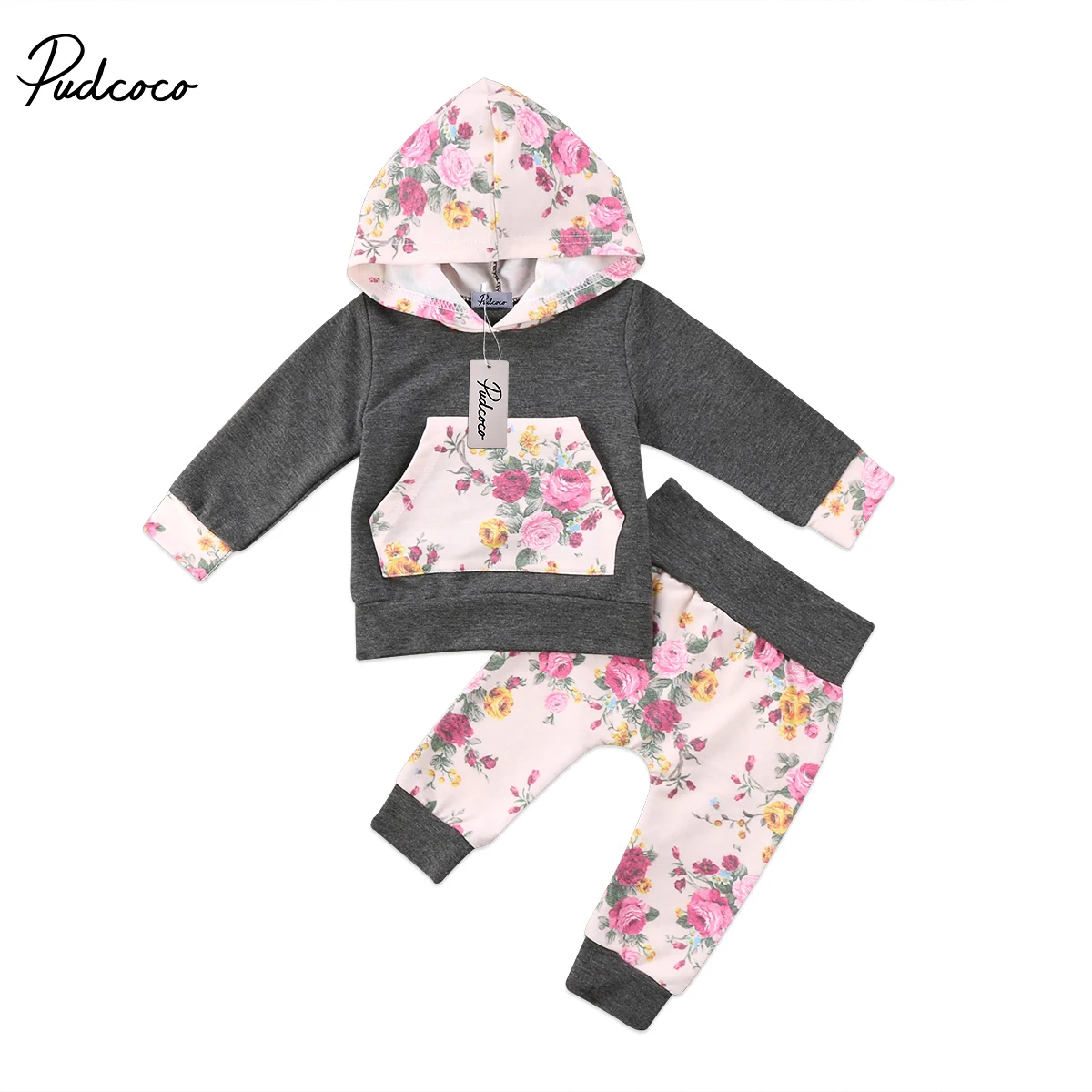 Пуловер с длинными рукавами; коллекция 2017 года; топы с капюшоном для новорожденных девочек; штаны с цветочным принтом; леггинсы; комплект