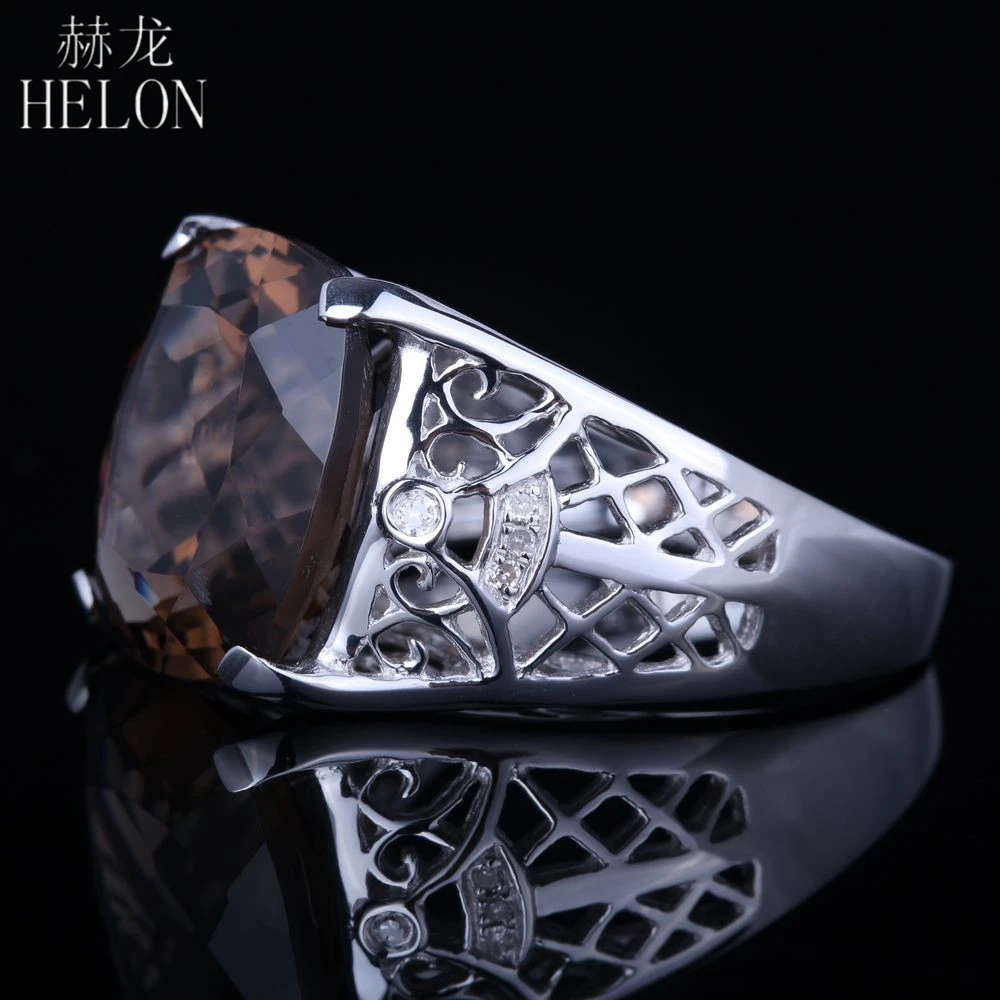 HELON Solid 14 K белое золото Ювелирная Подушка 14 мм x 12 мм 8.8ct натуральная раухтопаз натуральные Алмазы обручальные свадебные кольца