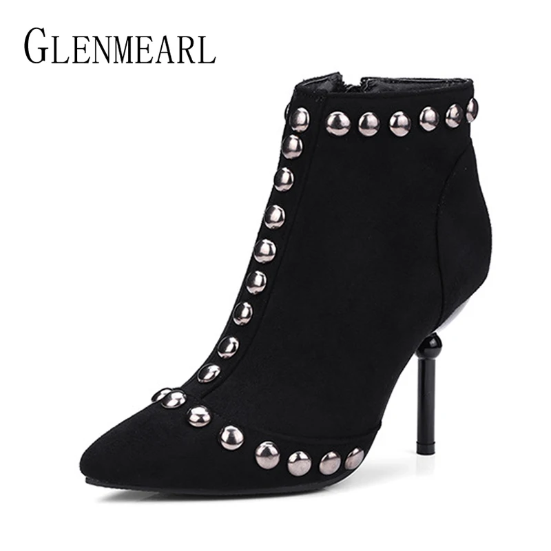 

Ankle Boots Woman Winter Shoes High Heels Fashion Rivet Pointed Toe Women Party Shoes Brand Plus Size Female Winter Boots Warm