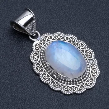 

Natural Rainbow Moonstone Boho Style 925 Sterling Silver Pendant 2" R0571