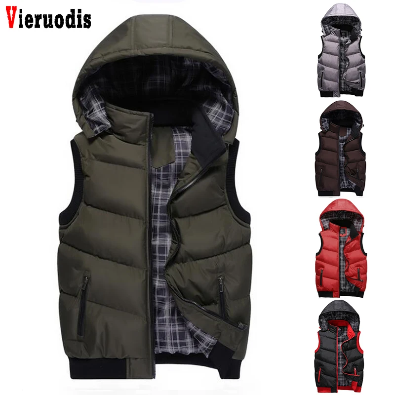 

High Quality Winter New Warm Sleeveless Jackets Hooded Vest Men Hat Detachable Mens Casual Male Vest Coat Homme Plus Size M-5XL