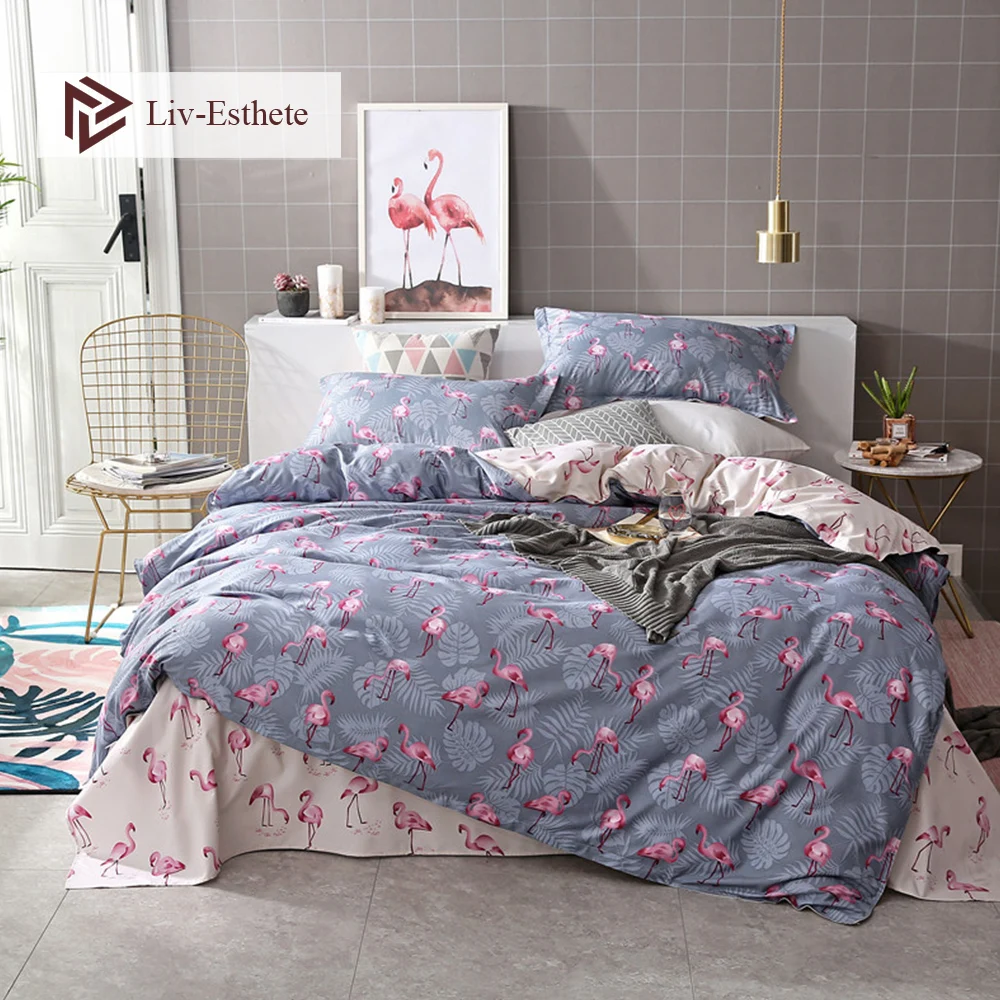 

Liv-Esthete Fashion Flamingo Group Gray Bedding Set Double Queen King Duvet Cover Pillowcase Pink Flat Sheet Bed Linen For Adult