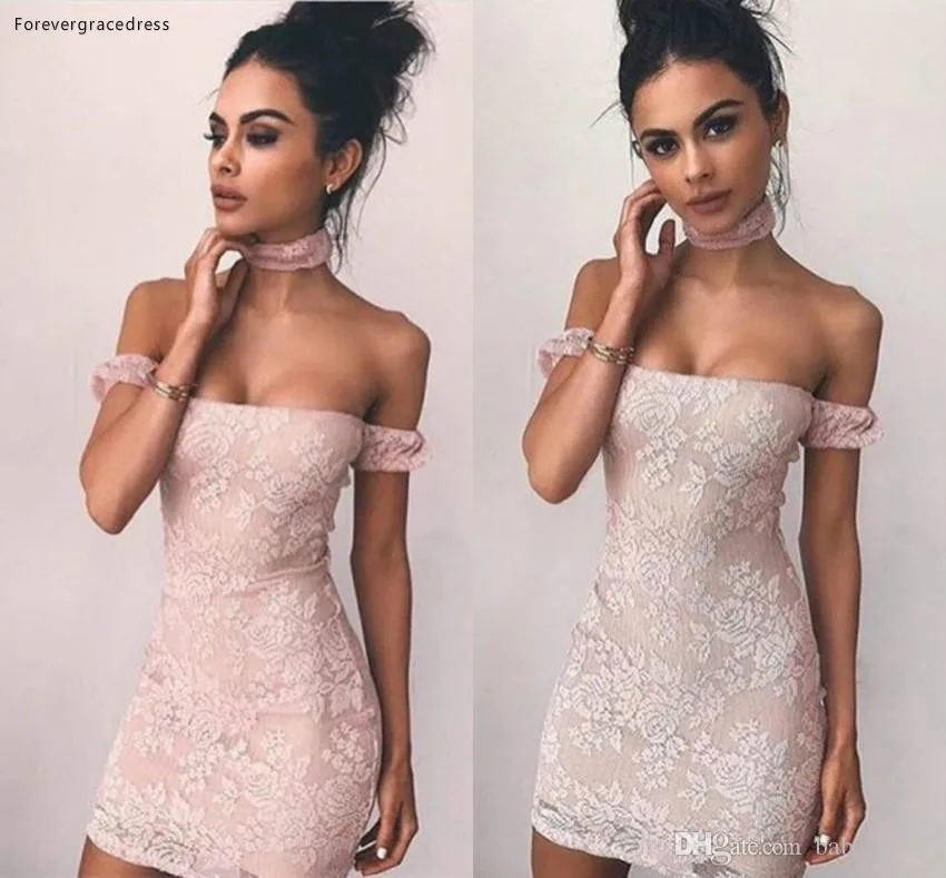 2019 Sexy Sheath Bodycon Cocktail Dress Elegant Off Shoulder with Choker Applique Mini Short Party Gowns Custom Made  105 (2)