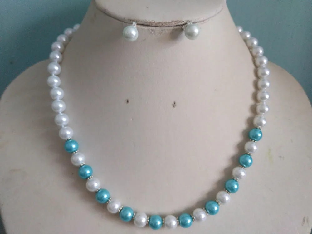 

SHIPPING HOT sell new Style >>>>8MM White /Light Blue South Sea Shell Pearl necklace +earrings set 18"