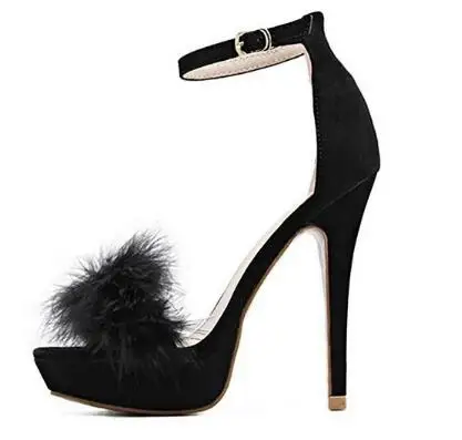 

Woman black high heel plush ankle strap sandals Fashion platform open toe super high thin heel shoes Dress shoes SIZE34-43