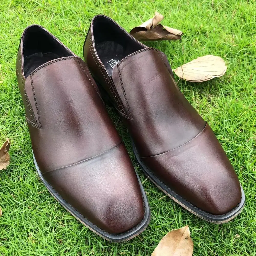 

Handmade small square head layer leather casual men's shoes