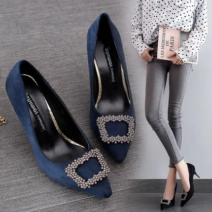 

Europe and the United States spring pointed stiletto women's shoes net red shoes rhinestones buckle high heels red wedding shoes