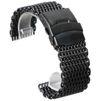 

Black 22mm Band Width Mesh Web Wrist Watch Band Strap Bracelet Mens Womens Fold over clasp with safety and push button