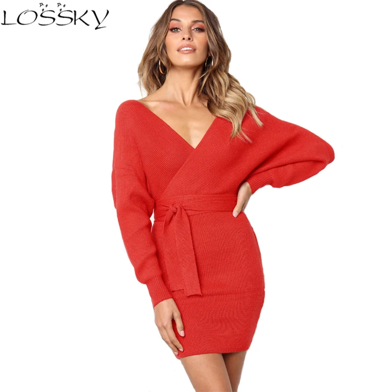 

Autumn Women Sexy V-neck Crossover Dress Long Sleeve Lace-up Mini Pencil Ladies Dresses 2018 New Fashion Female Vestidos