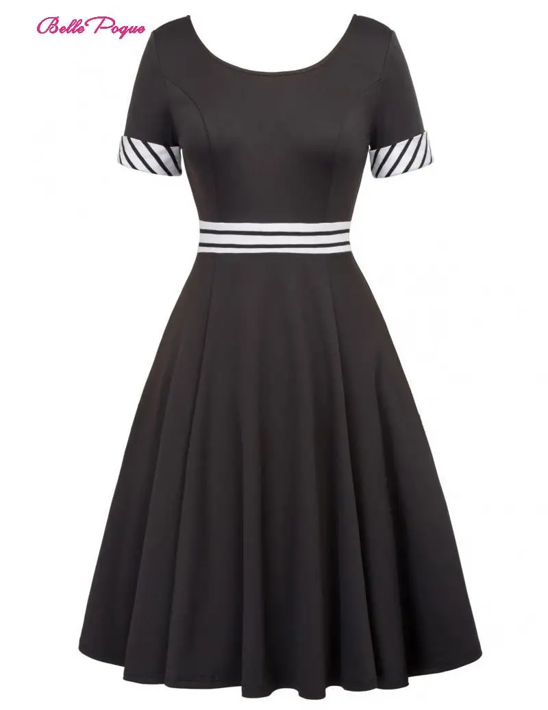 

Belle Poque Fashion Women's Causal Dresses High Waist Retro Vintage Striped Side Short Sleeve U-Neck U-Back Flared A-Line Dress