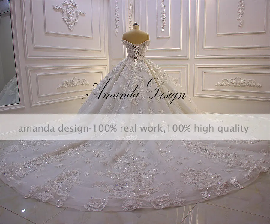 Robe mariage с открытыми плечами короткий рукав кружева аппликации 3D цветок роскошное свадебное платье