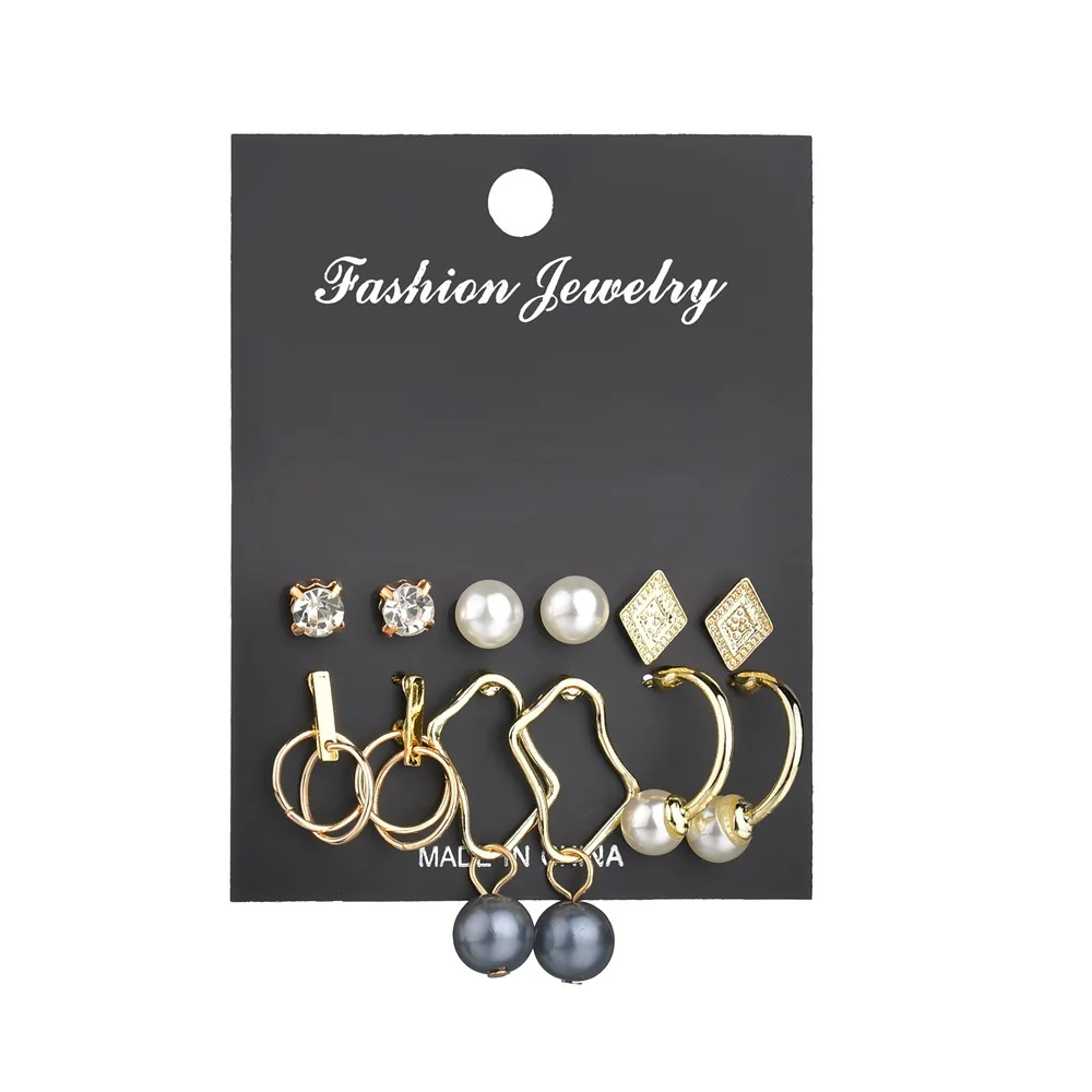 Ailodo 6 Pcs/Set Simple Fashion Earrings Set For Women Girls Gold Color Geometric Round Triangle Femme Earrings Bijoux LD131 - Окраска металла: D