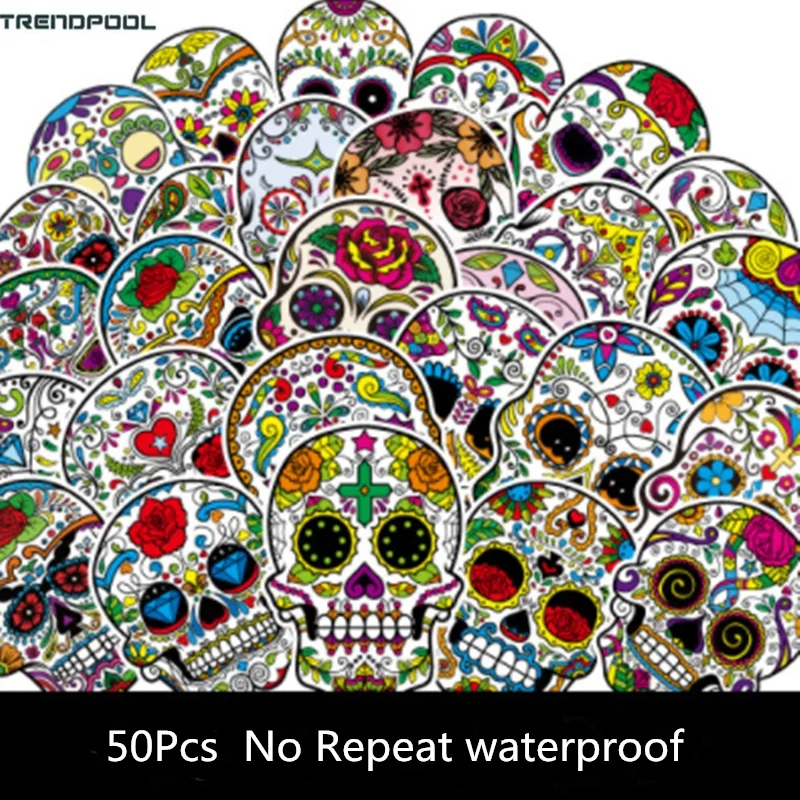 50pcs/lot Pattern Skull Head Sticker Fancy Skeleton Stickers with Cool Flower to DIY Laptop Skateboard Luggage Guitar | Игрушки и хобби