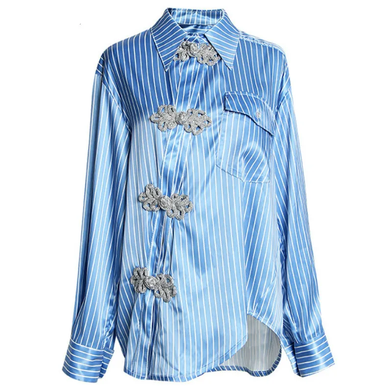Neploe Retro Striped Women Shirts New Turn-Down Collar Long Sleeve Blouse Chinese Style Irregular Threshold Button Tops 44268 |