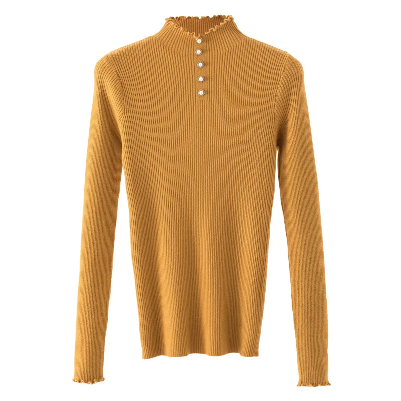 JEASS Winter Woman Sweater Knitting Pullovers Women Turtleneck Sweaters and Pullovers with Button High Elastic Solid Sweater