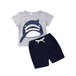 2019 малыши, маленькие мальчики младенческой Костюмы комплекты из хлопка с рисунком героев из мультфильмов футболка с акулой, топы, комплект