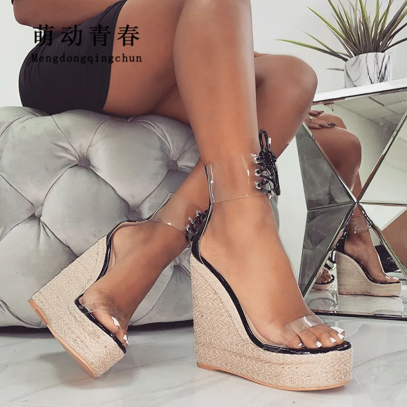 

New Women Supper High Heel Sandals Sexy Transparents PVC 15CM Lace Up Ankle Strap Wedges Shoes 4.5CM Platform Dress Women Pumps